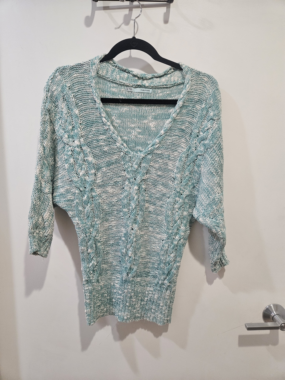 Maurices Mint and White Marled V-Neck Cable Sweater